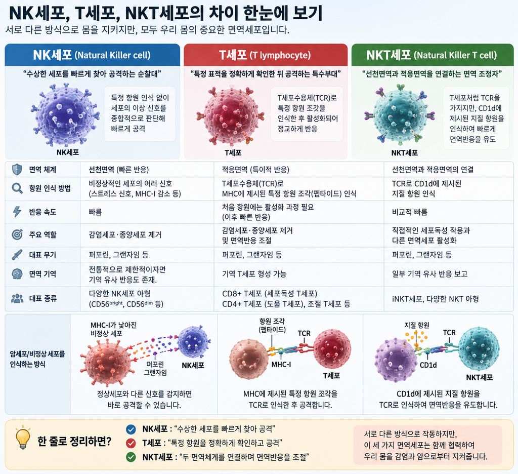 NK세포 T세포 NKT세포 비교